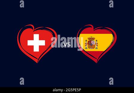 Suisse contre Espagne, emblèmes du drapeau. Icônes de football de l'équipe nationale sur fond bleu marine. Drapeau national suisse et espagnol au coeur. Illustration vectorielle Illustration de Vecteur