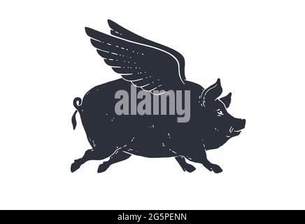 Angel piggy, cochon avec ailes. Imprimé rétro vintage, dessin de cochon de mouche noir blanc avec ailes, grunge style Old School. Cochon ange isolé de silhouette noire sur fond blanc. Illustration vectorielle Illustration de Vecteur