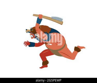 Personnage guerrier Maya, Aztec ou Inca en peau d'ours, portant un casque d'ours brave court vers et attaque avec les armes traditionnelles. Vecteur Illustration de Vecteur