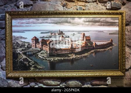 Peinture à l'huile - les châteaux Trakai - en arrière-plan de mur de pierre Banque D'Images