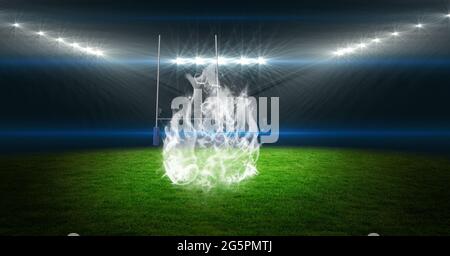 Composition d'un stade de rugby vide avec lumières et flammes blanches Banque D'Images