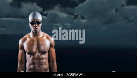 Composition d'un nageur mâle sur des nuages sur fond noir Banque D'Images