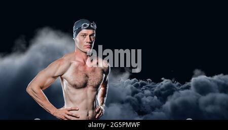 Composition d'un nageur mâle sur des nuages sur fond noir Banque D'Images