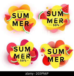 Banderole colorée et colorée en forme de liquide avec tranches de pastèque sur fond jaune fluide Illustration de Vecteur