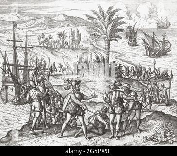 Christophe Colomb est arrêté sur ordre de la Couronne espagnole avant d'être renvoyé en Espagne dans des chaînes pour faire face à des accusations d'inconcurrence et de brutalité pendant son mandat de gouverneur des Indes. Christophe Colomb, 1451 - 1506. Explorateur et navigateur italien. Après une œuvre de la fin du XVIe siècle par Theodor de Bry. Banque D'Images