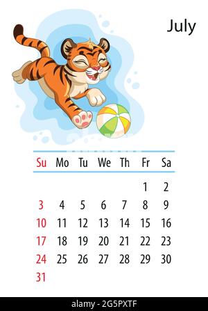 Modèle de conception de calendrier mural pour juillet 2022, année du tigre selon le calendrier chinois ou oriental. Caractère animal. Illustration vectorielle. Semaine s Illustration de Vecteur