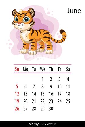 Modèle de conception de calendrier mural pour juin 2022, année du tigre selon le calendrier chinois ou oriental. Caractère animal. Illustration vectorielle. Semaine s Illustration de Vecteur