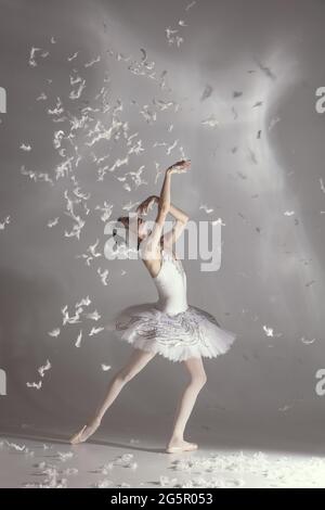 Jeune balerina gracieuse à l'image de cygne blanc dans l'art performance isolée sur fond gris blanc. Banque D'Images