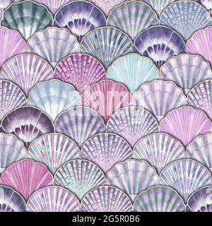 Aquarelle coquillage vagues japonaises motif sans couture. Coquillages dessinés à la main texture fond d'océan vintage. Illustration marine aquarelle. Imprimer pour Banque D'Images