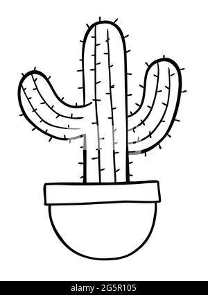 Illustration vectorielle de cactus dans pot. Contour noir et couleur blanche. Illustration de Vecteur