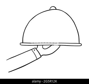 Illustration vectorielle de dessin animé du serveur ou du chef servant de la nourriture. Contour noir et couleur blanche. Illustration de Vecteur