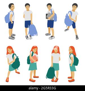 Retour à l'école, enfants avec des sacs d'école, enfants de scholboy isolés, élèves garçons et gir dans différentes poses avec des sacs vecteur Illustration. Illustration de Vecteur