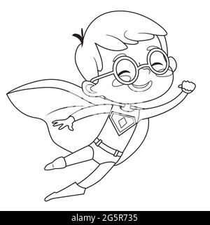 Page de coloriage des enfants Super Hero. Garçons et filles portant des costumes de super héros livre de coloriage. Personnages vectoriels de dessin animé de Kids Superheroes Illustration de Vecteur