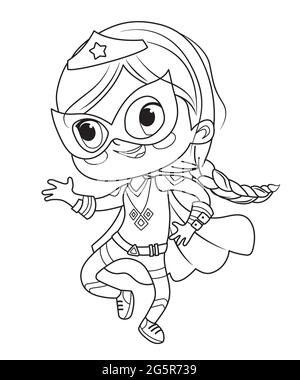 Page de coloriage des enfants Super Hero. Garçons et filles portant des costumes de super héros livre de coloriage. Personnages vectoriels de dessin animé de Kids Superheroes Illustration de Vecteur