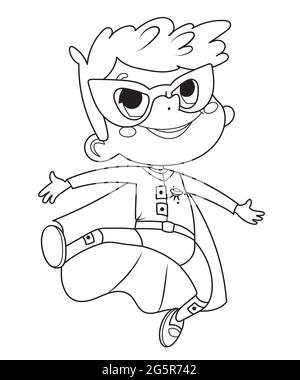 Page de coloriage des enfants Super Hero. Garçons et filles portant des costumes de super héros livre de coloriage. Personnages vectoriels de dessin animé de Kids Superheroes Illustration de Vecteur