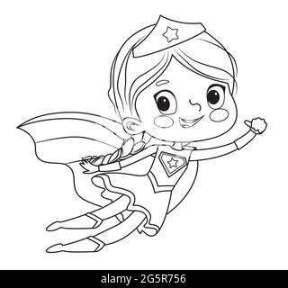 Page de coloriage des enfants Super Hero. Garçons et filles portant des costumes de super héros livre de coloriage. Personnages vectoriels de dessin animé de Kids Superheroes Illustration de Vecteur