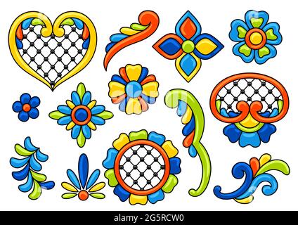 Set de talavera mexicain. Décoration avec fleurs ornementales. Arrière-plan avec motif de talavera mexicain. Décoration avec fleurs ornementales. Illustration de Vecteur