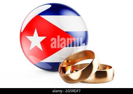 Mariage à Cuba concept. Anneaux de mariage avec drapeau cubain. Rendu 3D isolé sur fond blanc Banque D'Images