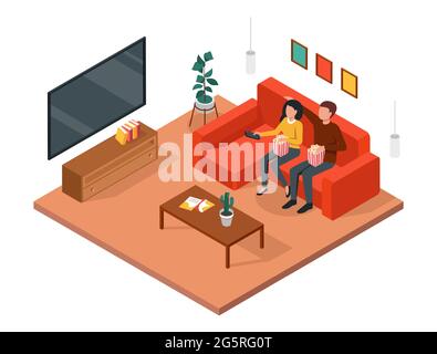 Couple regardant la télévision. Homme et femme assis ensemble sur un canapé, en regardant un film, en se relaxant à la maison. Intérieur de salon concept 3d vectoriel isométrique. Mari et femme se reposer, se divertir Illustration de Vecteur