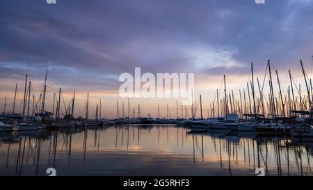 Stationnement de bateaux et de yacht dans le port. Voiliers blancs à la jetée. Sea Yacht Club. Mer Egée. Athènes, Grèce. Ciel de coucher de soleil. Banque D'Images