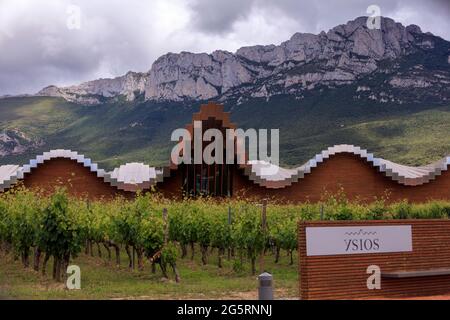 Ysios conception de cave par l'architecte espagnol Santiago Calatrava dans le village de Rioja de Laguardia. Espagne Banque D'Images