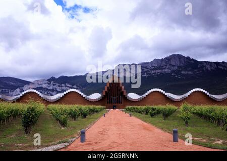 Ysios conception de cave par l'architecte espagnol Santiago Calatrava dans le village de Rioja de Laguardia. Espagne Banque D'Images