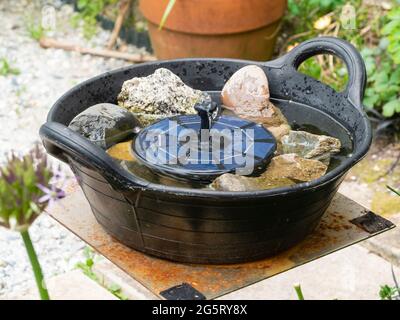 Petite fontaine solaire dans un bain d'oiseau de jardin improvisé avec des pavés pour fournir des perches pour boire et se baigner Banque D'Images