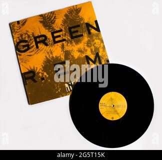 Groupe de rock alternatif, R.E.M. REM album de musique sur disque vinyle LP. Intitulé : couverture de l'album vert Banque D'Images