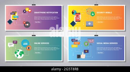 Modèle de bannières Web dans Vector avec icônes de notification de smartphone, sécurité mobile, services en ligne, services de médias sociaux. Icônes de conception plate dans ve Illustration de Vecteur