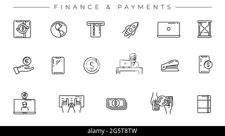 Jeu d'icônes vectorielles de style de ligne de concept Finance et Paiements. Illustration de Vecteur
