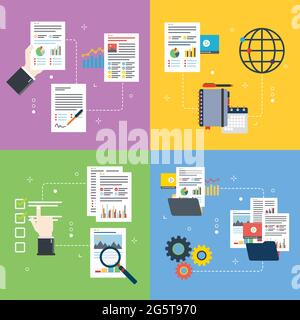 Icônes d'entreprise, de paperasserie, de gestion, de rapport et d'organisation. Concepts de la paperasserie d'affaires, rapport de gestion, organisation de la paperasserie, organe de dossier Illustration de Vecteur