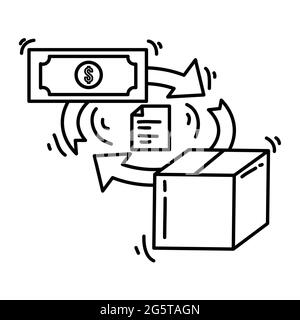 Transaction eCommerce. Jeu d'icônes dessinées à la main, contour noir, icône de doodle, dessin d'icône de vecteur. Illustration de Vecteur