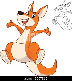 Mignonne Happy Kangaroo Jumping avec dessin au trait, mammifères animaux, illustration de personnages vectoriels, logo de mascotte de dessin sur fond blanc isolé. Illustration de Vecteur