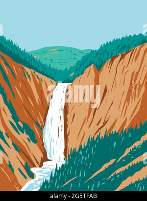 L'art de l'affiche WPA des chutes de Lower Yellowstone dans le parc national de Yellowstone situé dans le Wyoming, États-Unis fait en travaux administration de projet Illustration de Vecteur