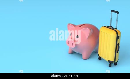 Tirelire rose et valise jaune sur fond bleu. Concept d'économie d'argent pour les vacances. Budget tourisme. Copier l'espace pour le texte. rendu 3d. Banque D'Images