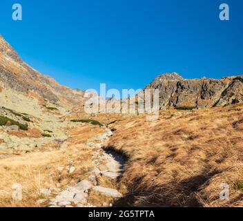 Partie supérieure de la vallée de la Dolina Mlynicka avec Mlynicke sedlo et Strbsky stit sommet de montagne au-dessus en automne Vysoke Tatry montagnes en Slovaquie Banque D'Images