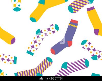 Chaussettes multicolores sur fond blanc, motif. Vue de dessus. De nombreuses chaussettes différentes pour les saisons froides. Les chaussettes sont dispersées sur un fond lumineux Illustration de Vecteur