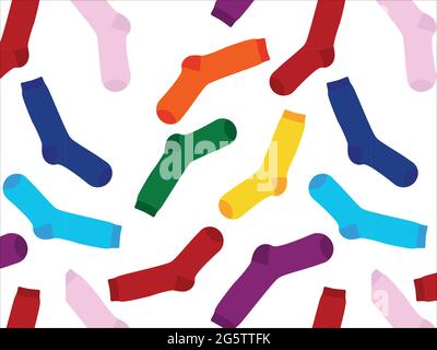 Chaussettes multicolores sur fond blanc, motif. Vue de dessus. De nombreuses chaussettes différentes pour les saisons froides. Les chaussettes sont dispersées sur un fond lumineux Illustration de Vecteur