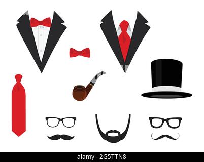 Vestons pour hommes. Tuxedo avec moustaches, lunettes, barbe, tuyau et top hat. Costumes de mariage avec papillon et avec cravate. Vector illustration Illustration de Vecteur