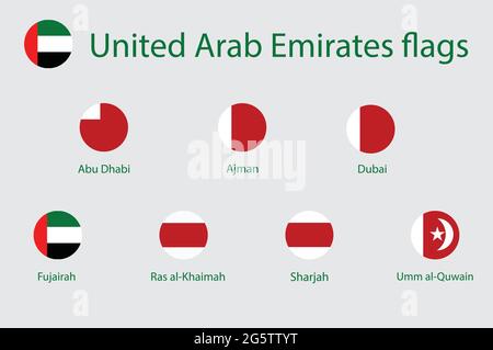 Icône vecteur drapeaux ronde des Emirats Arabes Unis. Dubaï, Abu Dhabi, Sharjah, Ajman, Fujairah, Ras Al Khaimah, Ajman et Umm al-Quwain Illustration de Vecteur