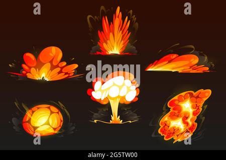 Ensemble explosion de bombe de dessin animé. Nuages, effet de perche et éléments de fumée pour la conception de jeu d'interface utilisateur. Danger de dynamite détonation explosive, détonateurs de bandes dessinées atomiques pour l'animation mobile icônes vectorielles isolées Illustration de Vecteur