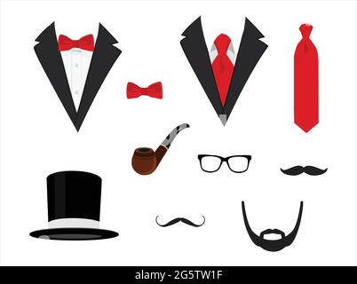 Vestons pour hommes. Tuxedo avec moustaches, lunettes, barbe, tuyau et top hat. Costumes de mariage avec papillon et avec cravate. Vector illustration Illustration de Vecteur