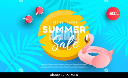 Motif de vente d'été avec océan, feuilles tropicales et cercle gonflable rose flamants roses pour la circulaire, l'invitation, l'affiche, le site Web ou la carte de vœux. Illustration de Vecteur