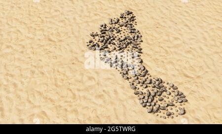 Concept pierres conceptuelles sur plage sable forme de symbole fait main, fond de sable doré, signe pieds nus. métaphore de l'illustration 3d pour la nature, la santé Banque D'Images