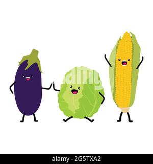 Légumes pour enfants. Personnages de légumes mignons, dessin animé sain kawaii. Vecteur, isolé sur fond blanc Illustration de Vecteur