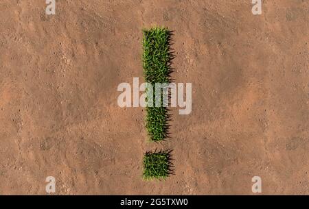 Concept conceptuel vert été pelouse herbe symbole forme sur sol brun ou fond de terre, point d'exclamation. métaphore de l'illustration 3d pour la nature, contre Banque D'Images