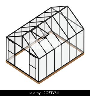 À effet de vide avec portes et fenêtres ouvertes vue isométrique isolé sur fond blanc. Maison de Verre. Illustration de Vecteur