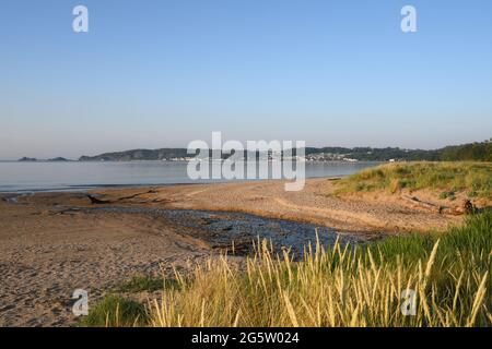 Mumbles un contour distinctif vu à travers la baie de Swansea avec des dunes de sable et un ruisseau en premier plan et un ciel bleu clair Banque D'Images