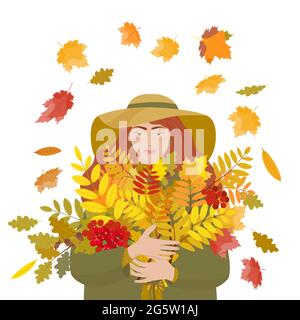 Une jolie fille tient un bouquet de feuilles d'automne de frêne de montagne, d'érable et de chêne sur le fond de feuillage tombant. Isolé sur un backgroun blanc Illustration de Vecteur