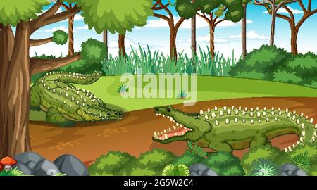 Crocodile dans la forêt à la scène de jour avec beaucoup d'arbres illustration Illustration de Vecteur